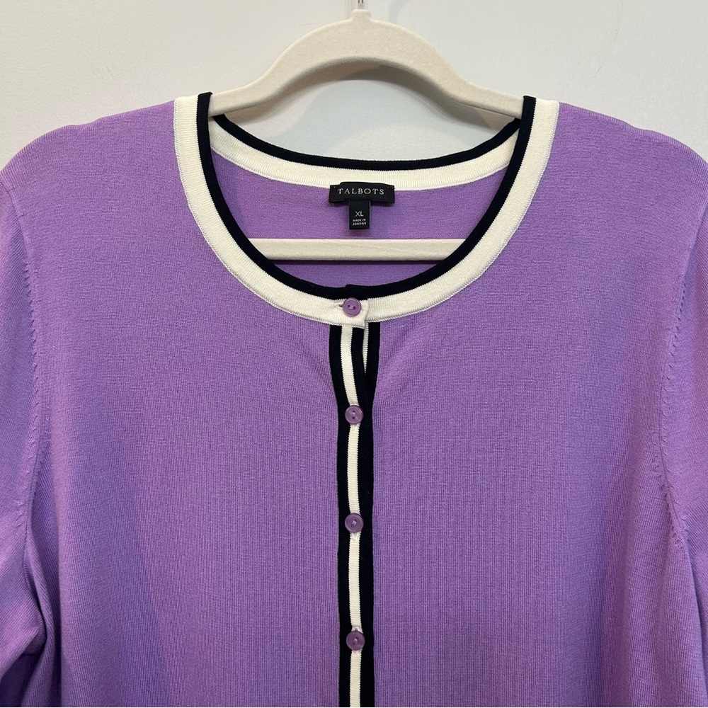 Talbots Charming Button Cardigan Lavender With Navy Cream Trim Details Size XL - Picture 2 of 9